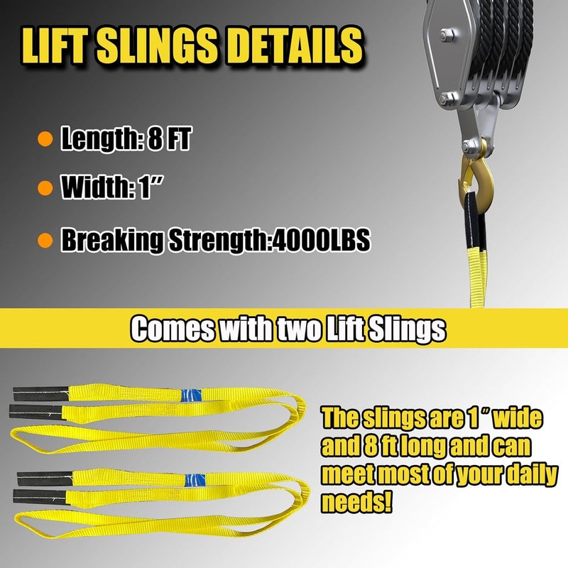 FITHOIST Block and Tackle 4400LBS Breaking Strength Heavy Duty Pulley Hoist, 65 Ft Rope, 7:1 Lifting Power, 2 Pcs 8 Ft Lift Sling (Black) - Image 4